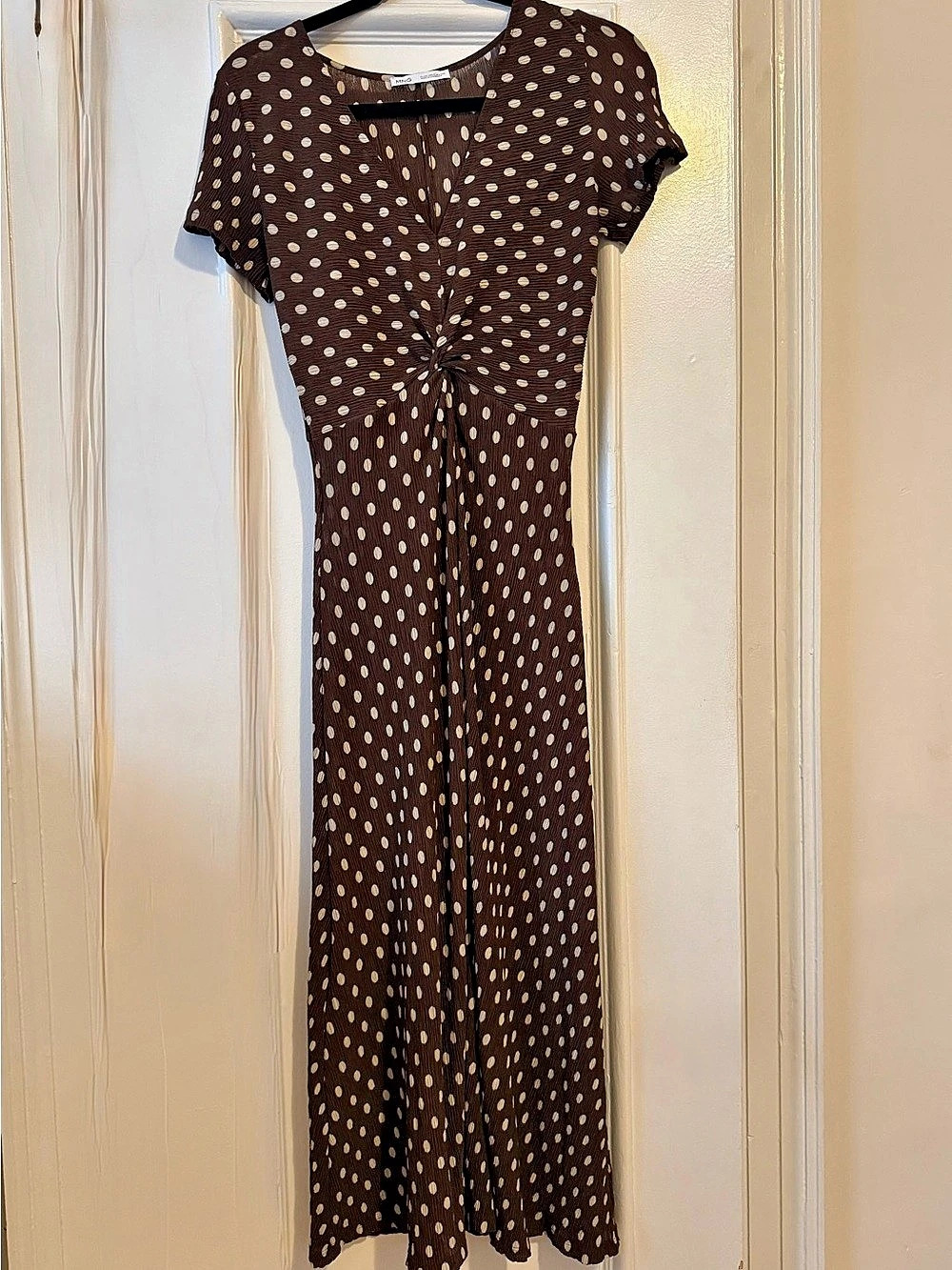 Mango Twist Front V-Neck Midi Dress Polka Dot Brown & Cream XS